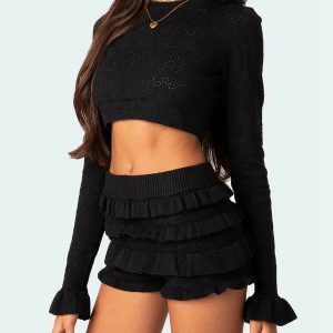 Y2K Knitted Crop Top & Ruffled Shorts Set for Trendy Summer Vibes