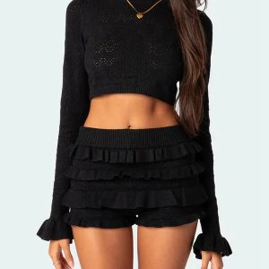 Y2K Knitted Crop Top & Ruffled Shorts Set for Trendy Summer Vibes