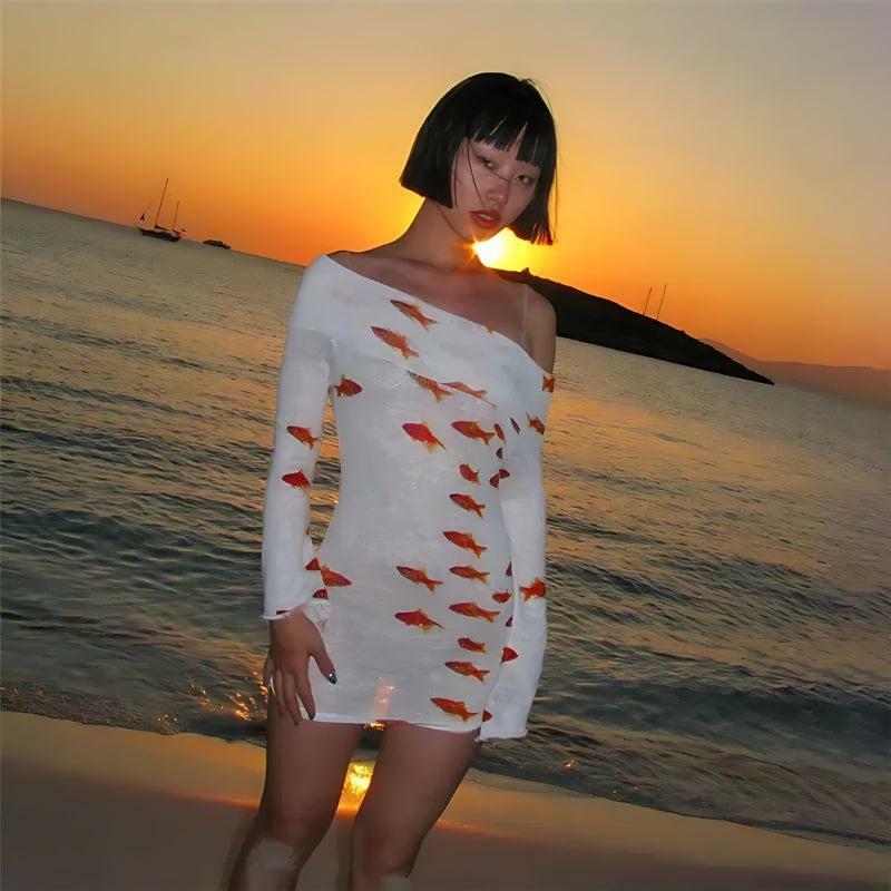 Y2K Koi Fish Printed Mesh Mini Dress for Trendy Summer Vibes