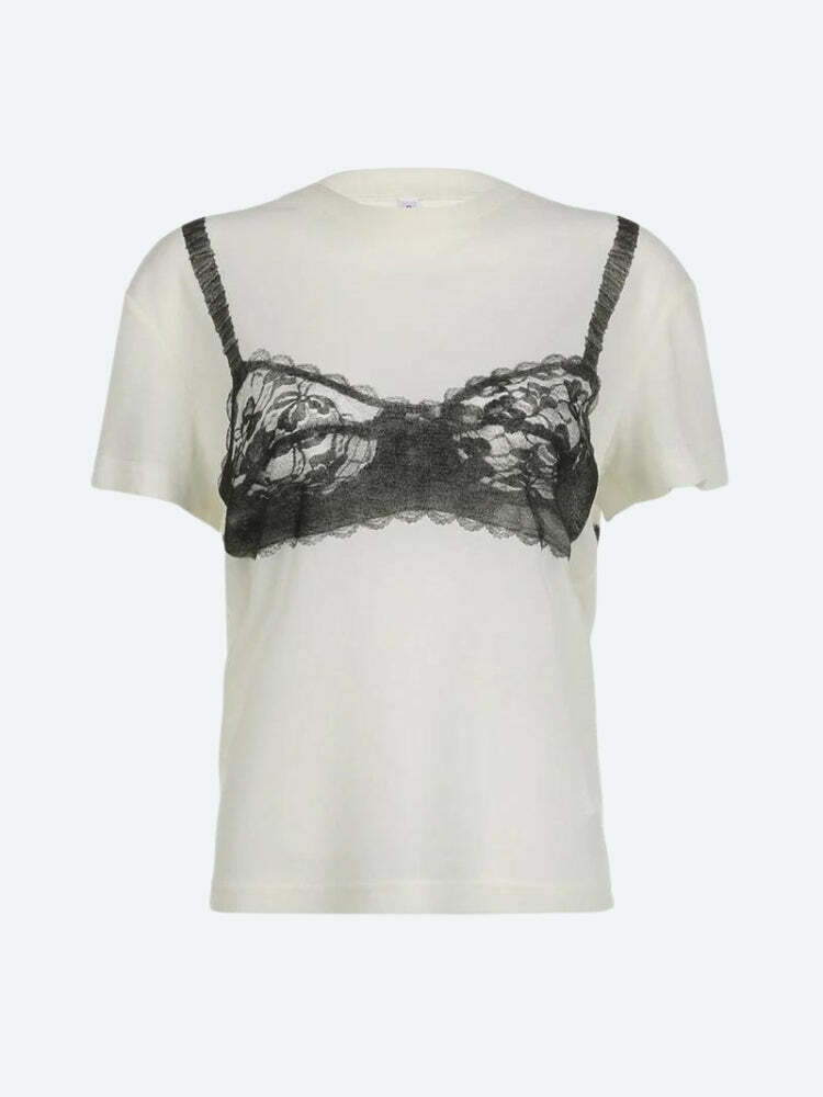 Y2K Lace Bra Tee: Trendy Summer Top for Y2K Fashion Lovers