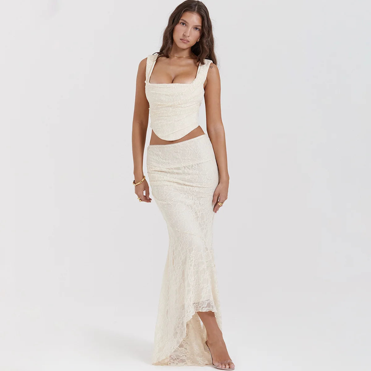 Y2K Lace Corset & Asymmetric Midi Skirt Set for Trendy Summer Vibes