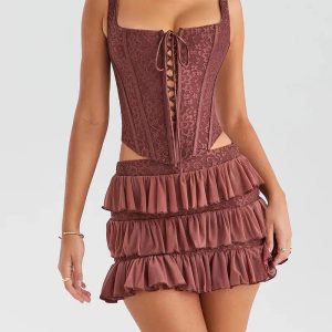 Y2K Lace Corset Top & Mini Skirt Set for Trendy Summer Outfits