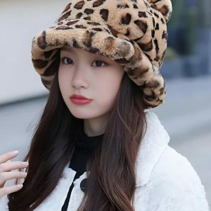 Y2K Leopard Ear Plush Hat for Retro Summer Outfits and Grunge Style