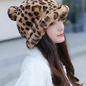 Y2K Leopard Ear Plush Hat for Retro Summer Outfits and Grunge Style