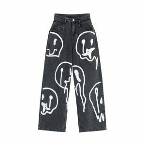 Y2K Melting Smiley Print Jeans for Retro Summer Vibes and Grunge Style