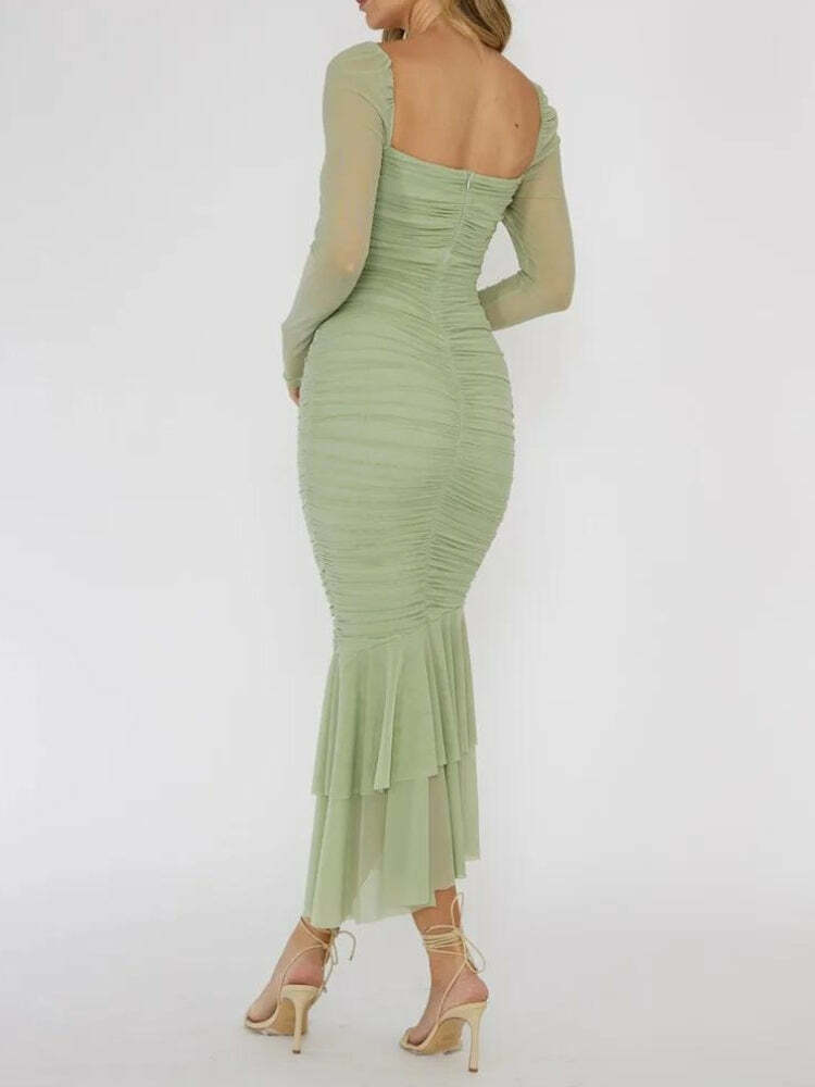 Y2K Mesh Ruched Bodycon Midi Dress for Summer Parties & Retro Vibes