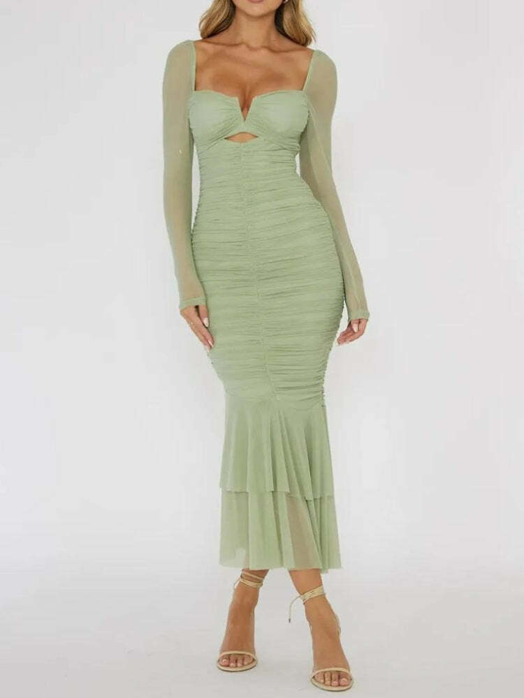 Y2K Mesh Ruched Bodycon Midi Dress for Summer Parties & Retro Vibes