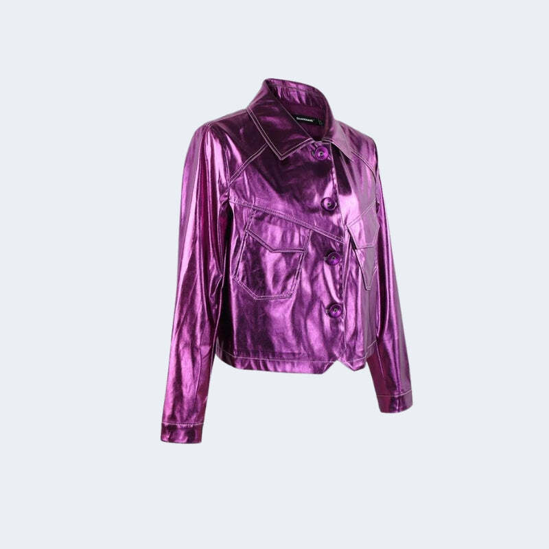 Y2K Metallic Fuchsia Faux Leather Jacket for Retro Summer Vibes