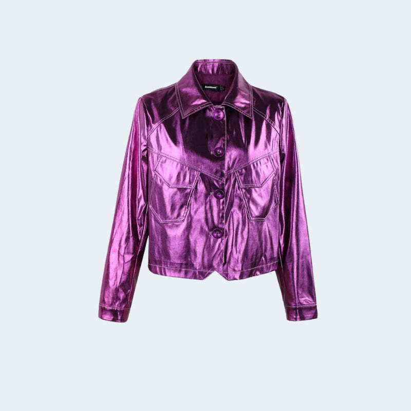 Y2K Metallic Fuchsia Faux Leather Jacket for Retro Summer Vibes