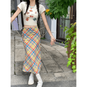 Y2K Midi Plaid Rainbow Skirt - Retro Summer Outfit for Trendy Women