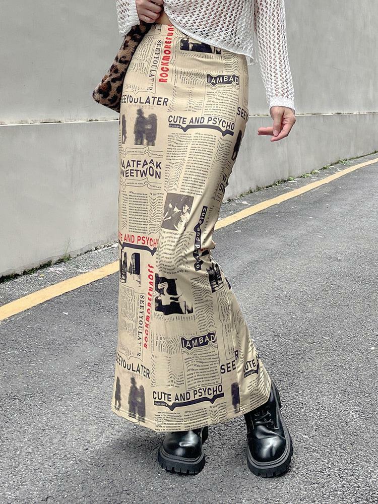 Y2K Newspaper Printed Maxi Skirt - Retro 90s Fashion Statement Piece