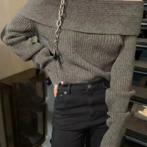 Y2K Off Shoulder Knitted Sweater - Trendy Summer Grunge Outfit