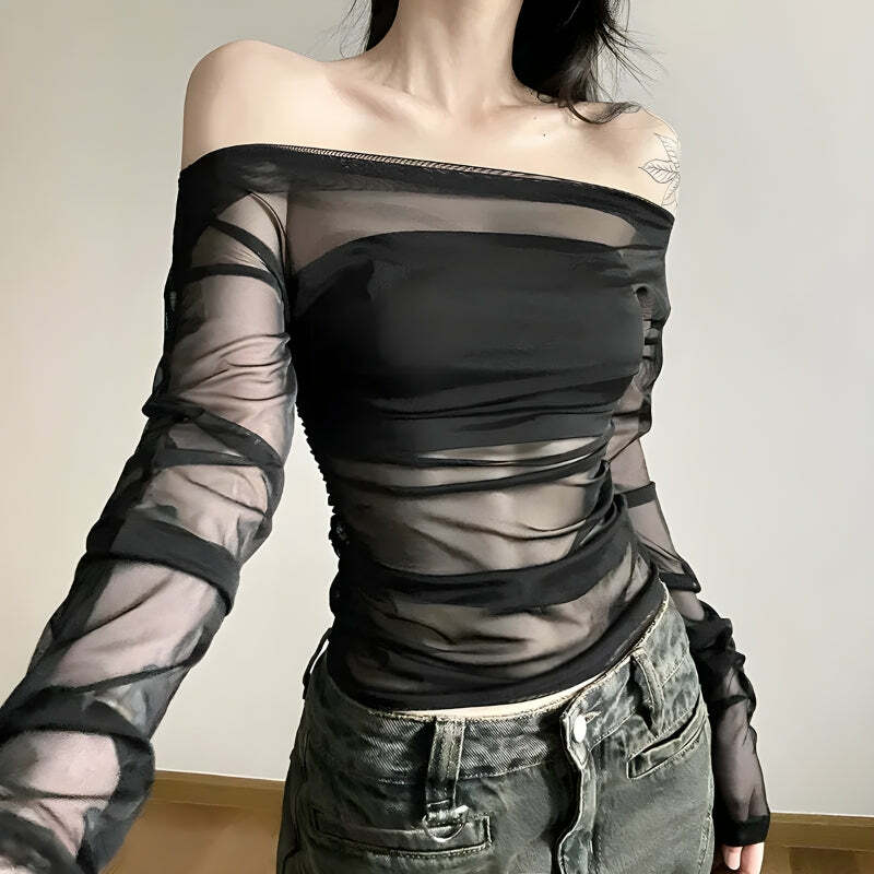 Y2K Off Shoulder Mesh Top for Trendy Summer Outfits and Parties