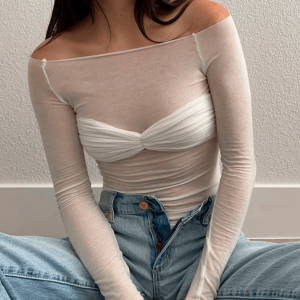 Y2K Off-Shoulder Mesh Top for Trendy Summer Outfits & Grunge Vibes