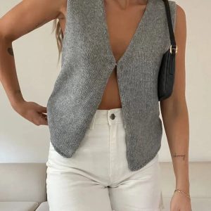 Y2K Open Front Knitted Cardigan Vest for Retro Summer Outfits