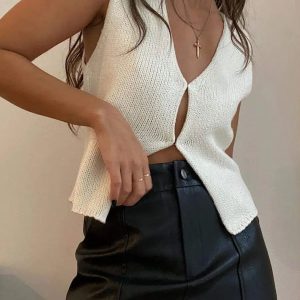 Y2K Open Front Knitted Cardigan Vest for Retro Summer Outfits