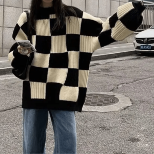 Y2K Oversized Checkered Sweater for Retro 90s Grunge Style Outfits