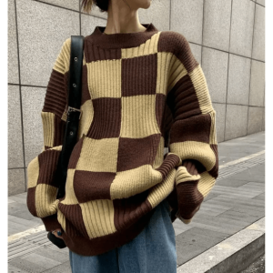 Y2K Oversized Checkered Sweater for Retro 90s Grunge Style Outfits