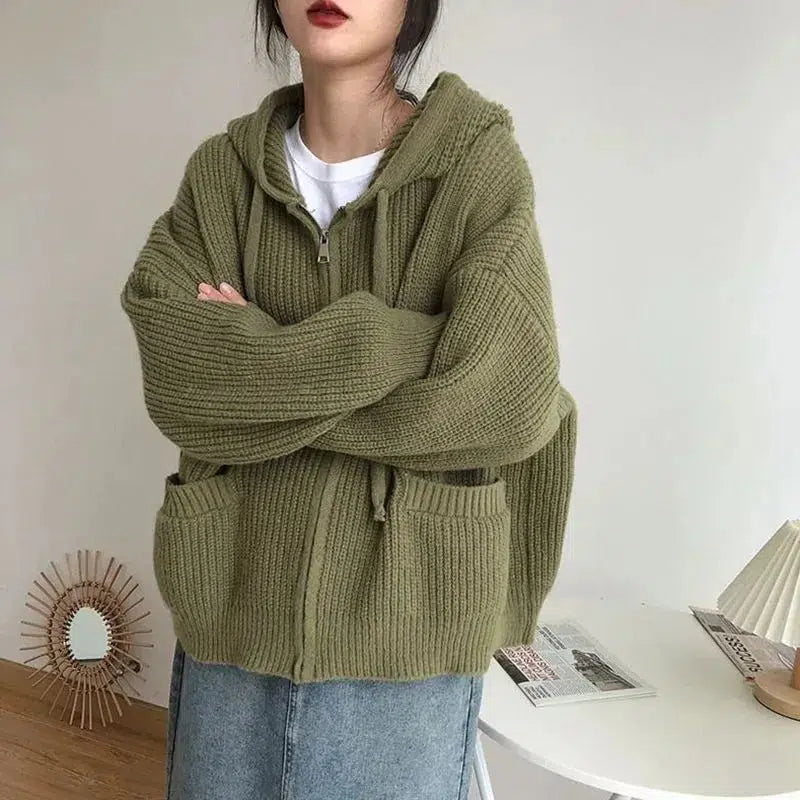 Y2K Oversized Knitted Hooded Cardigan for Retro Summer Vibes