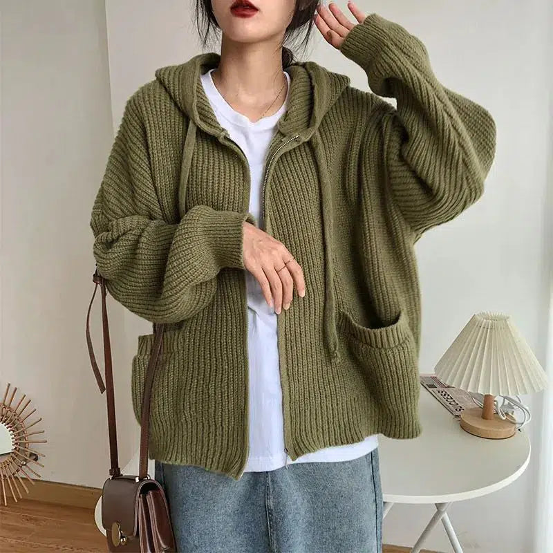 Y2K Oversized Knitted Hooded Cardigan for Retro Summer Vibes