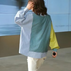 Y2K Patchwork Buttoned Sleeve Shirt for Retro Summer Outfits