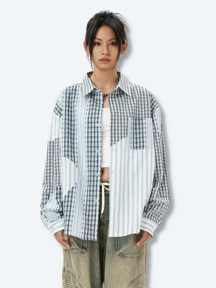 Y2K Patchwork Striped & Plaid Shirt - Retro Grunge Summer Outfit