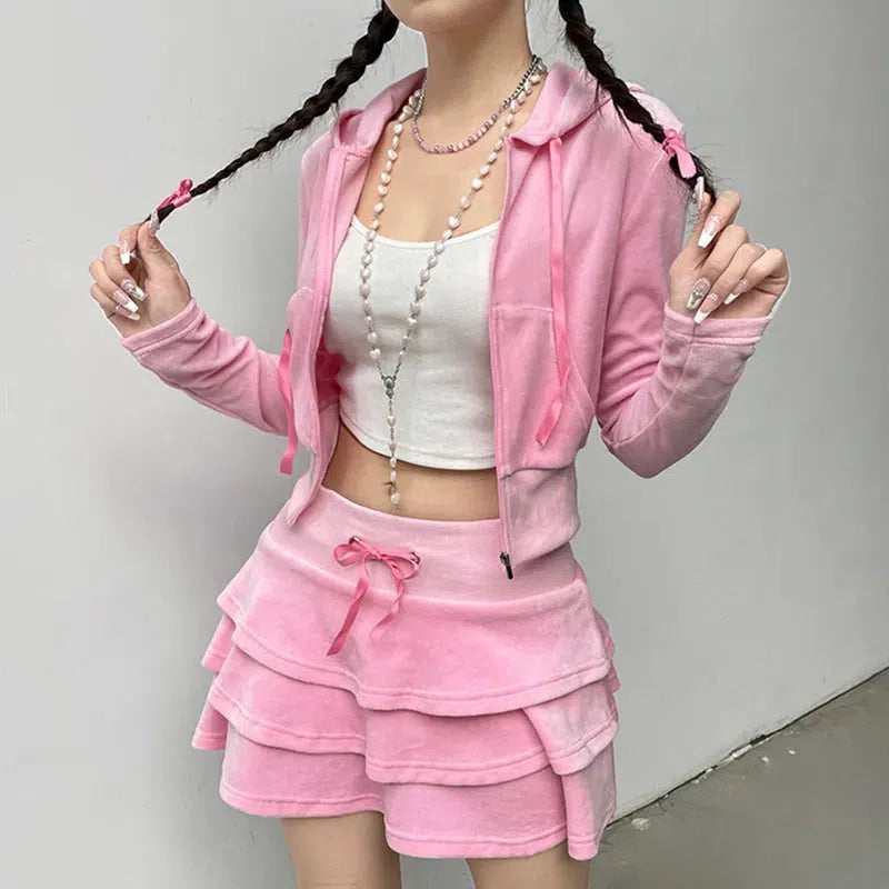 Y2K Pink Aesthetic Skirt & Hoodie Set for Trendy Summer Outfits