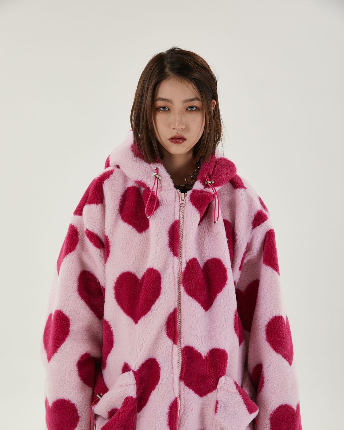 Y2K Pink Heart Pattern Hooded Jacket for Retro Summer Vibes