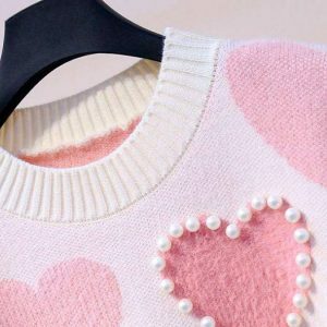 Y2K Pink Hearts Sweater: Retro Grunge Style for Summer Vibes