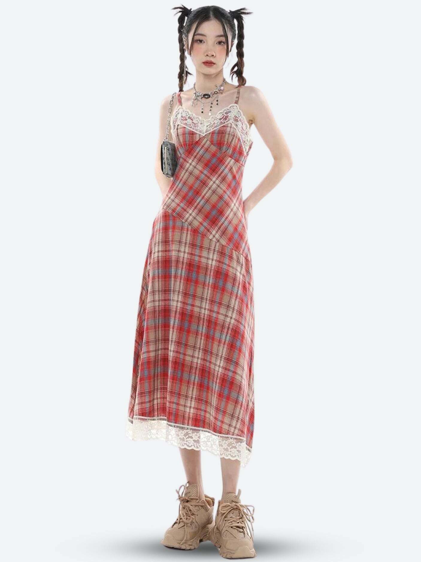 Y2K Plaid Lace Midi Dress - Retro Summer Outfit for Trendy Women