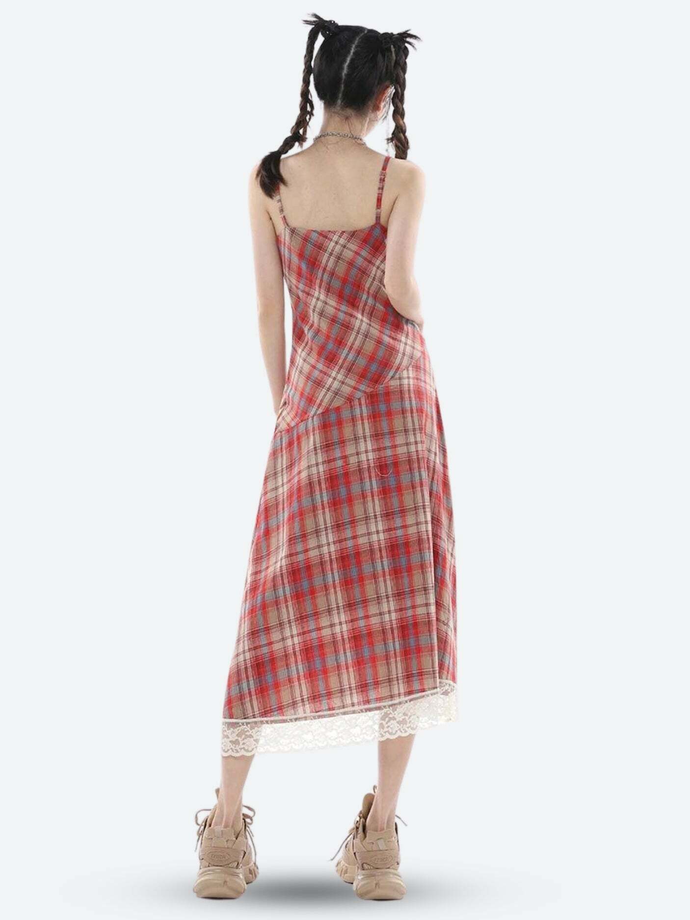 Y2K Plaid Lace Midi Dress - Retro Summer Outfit for Trendy Women