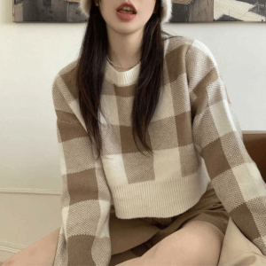 Y2K Plaid Preppy Cropped Sweater for Trendy Summer Outfits