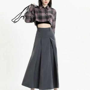 Y2K Pleated A-Line Midi Skirt for Retro Summer Outfits and Parties