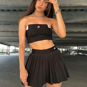 Y2K Pleated Black Mini Tennis Skirt for Retro Summer Outfits