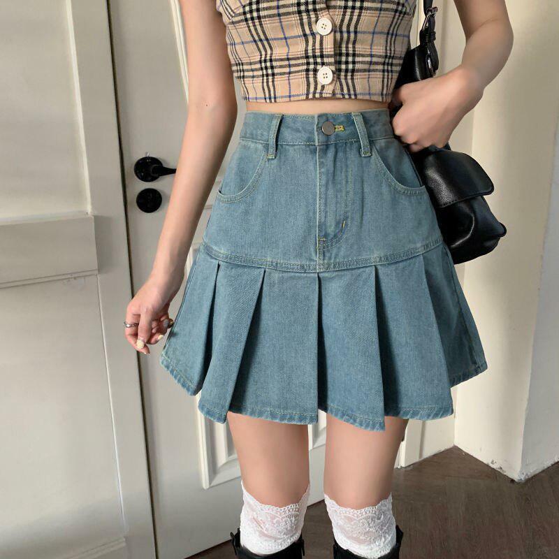 Y2K Pleated Denim Mini Skirt - Retro Summer Outfit for Trendy Looks