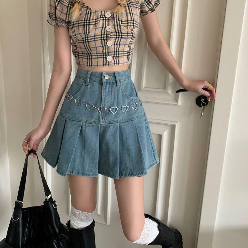 Y2K Pleated Denim Mini Skirt - Retro Summer Outfit for Trendy Looks