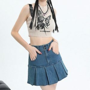 Y2K Pleated Jean Mini Skort - Trendy Y2K Summer Outfit for Retro Vibes