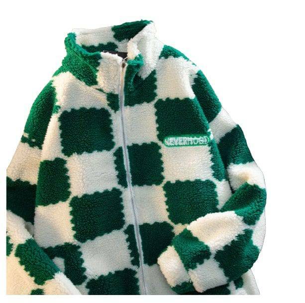 Y2K Plush Checkered Jacket for Retro Summer Outfits and Grunge Style