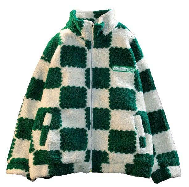 Y2K Plush Checkered Jacket for Retro Summer Outfits and Grunge Style