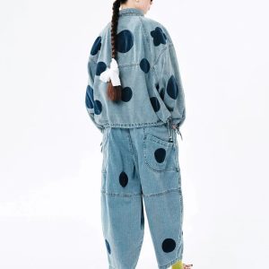 Y2K Polka Dot Button Up Denim Jacket for Retro Summer Outfits