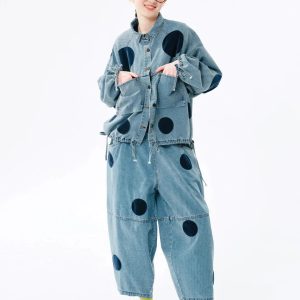 Y2K Polka Dot Button Up Denim Jacket for Retro Summer Outfits