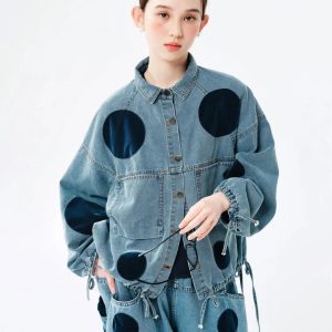 Y2K Polka Dot Button Up Denim Jacket for Retro Summer Outfits