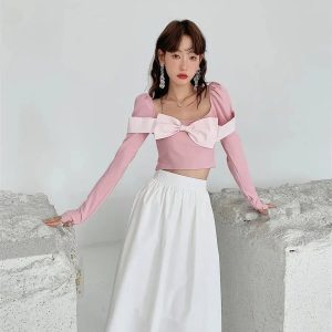 Y2K Puff Shoulder Bow Crop Top - Trendy Summer Outfit for Retro Vibes