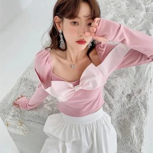 Y2K Puff Shoulder Bow Crop Top - Trendy Summer Outfit for Retro Vibes