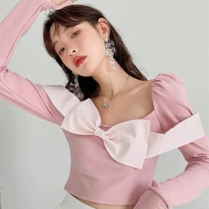 Y2K Puff Shoulder Bow Crop Top - Trendy Summer Outfit for Retro Vibes