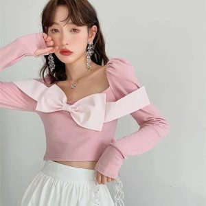 Y2K Puff Shoulder Bow Crop Top - Trendy Summer Outfit for Retro Vibes