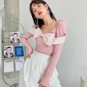 Y2K Puff Shoulder Bow Crop Top - Trendy Summer Outfit for Retro Vibes