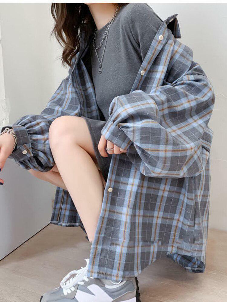 Y2K Puff Sleeve Plaid Shirt - Retro Grunge Summer Outfit Essential