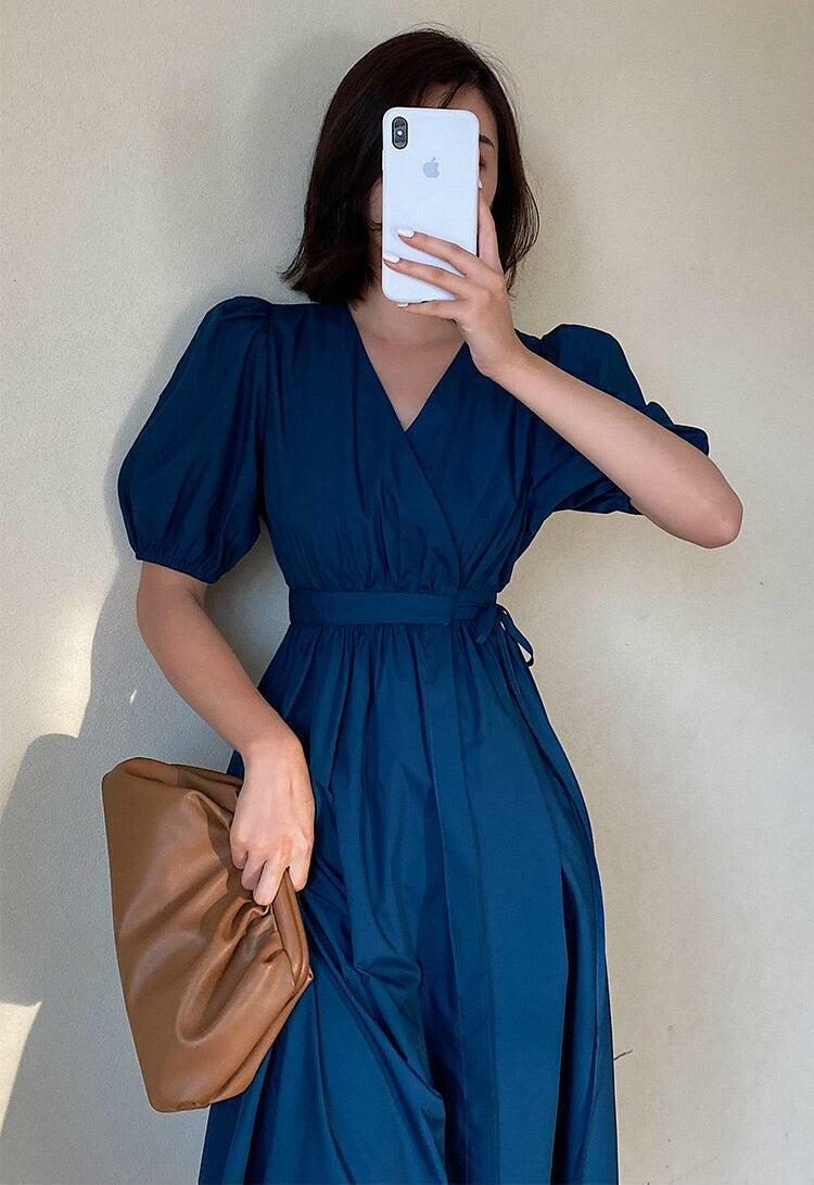 Y2K Puff Sleeve Wrap Midi Dress for Trendy Summer Outfits