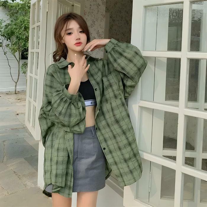 Y2K Puff Sleeved Plaid Shirt - Retro Grunge Summer Outfit Essential